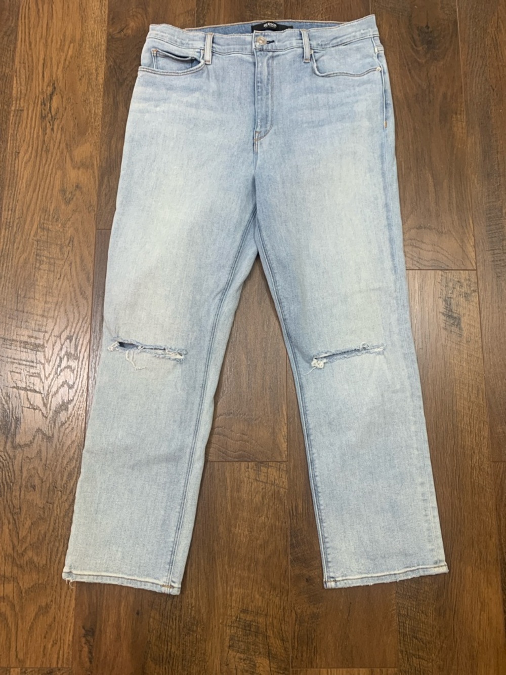 Hudson Barbara Light Blue Straight-Leg Jeans with Knee Rips in Warn Strangers